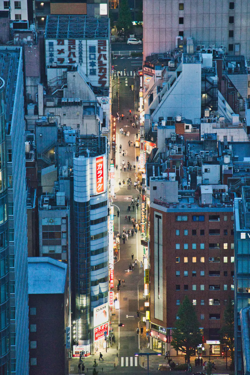 A narrow Tokyo street seen from high above at dusk, lit signs and people between tall buildings