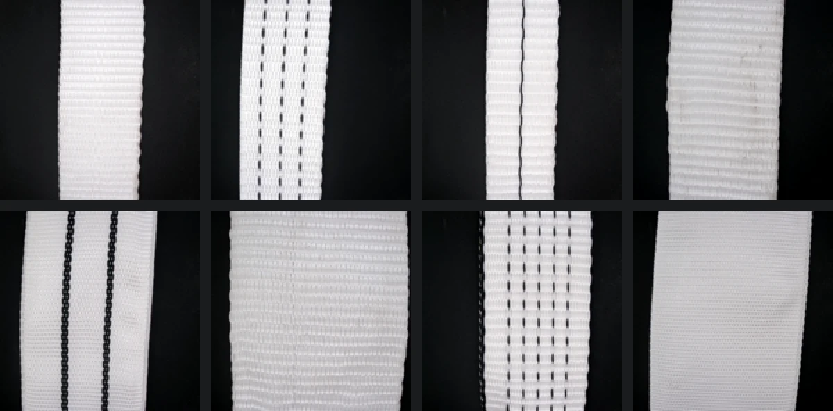 Eight test frames of webbing on a black backdrop: plain, stitched, and threaded weaves, one of them flecked with dark specks