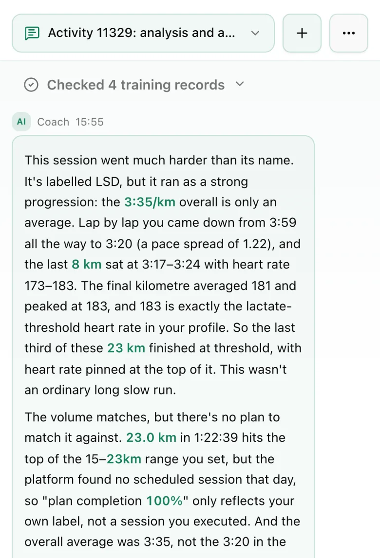The TAOSport coach after checking four training records: a run labelled as an easy long run actually finished at threshold heart rate
