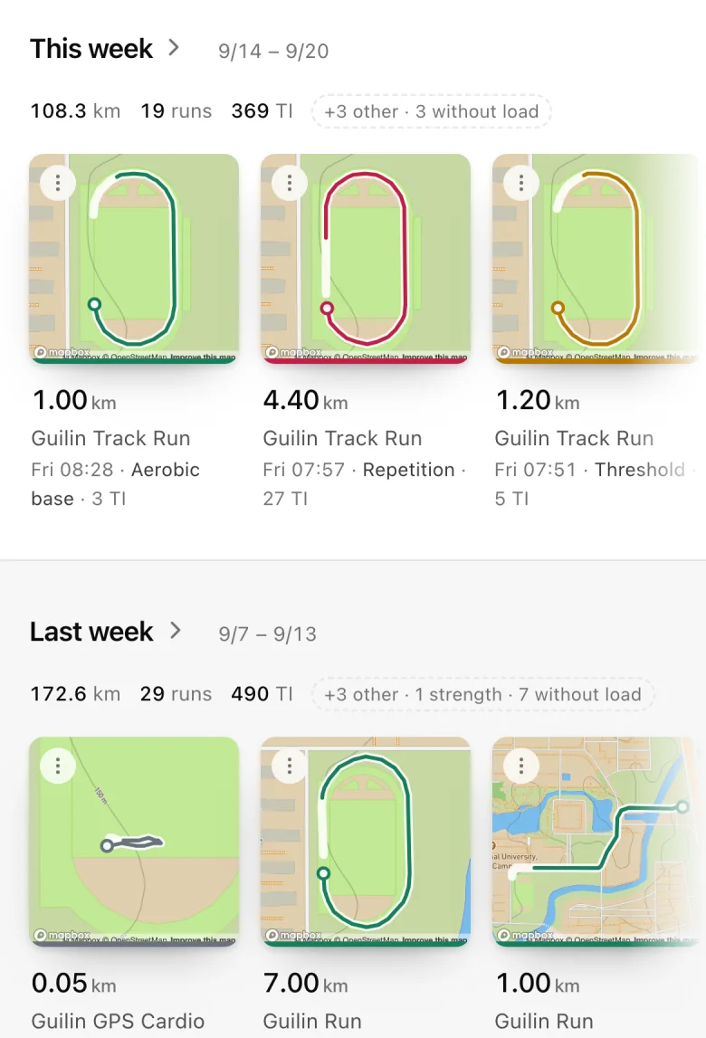 The TAOSport records list on a phone: this week and last, each run a card with its route map, distance and intensity