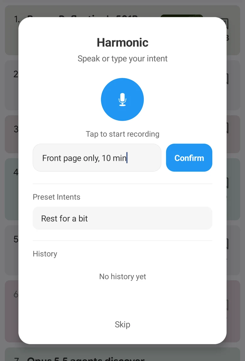 SeeNot's prompt over a Hacker News app on a phone: speak or type your intent, with 'Front page only, 10 min' typed in and a Confirm button